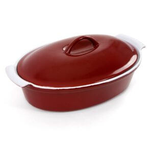 Hell's Kitchen Enameled Stoneware Oval Covered Casserole Dish, 3.5 Quarts, Red (Oval, With Lid)