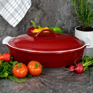 Hell's Kitchen Enameled Stoneware Oval Covered Casserole Dish, 3.5 Quarts, Red (Oval, With Lid)