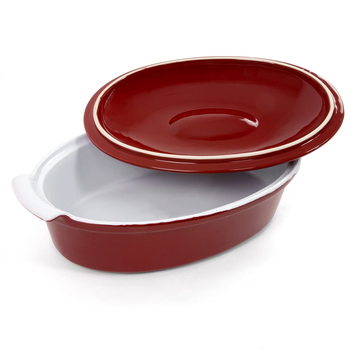 Hell's Kitchen Enameled Stoneware Oval Covered Casserole Dish, 3.5 Quarts, Red (Oval, With Lid)