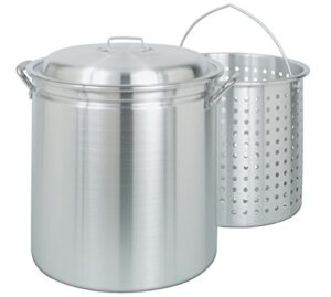 bayou classic 4034 34-qt aluminum stockpot w/ basket features domed vented lid heavy riveted handles perforated aluminum basket perfect for boiling steaming and canning handcrafted desig
