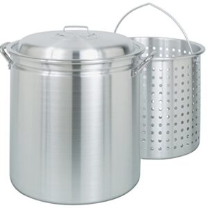 Bayou Classic 4034 34-qt Aluminum Stockpot w/ Basket Features Domed Vented Lid Heavy Riveted Handles Perforated Aluminum Basket Perfect For Boiling Steaming and Canning Handcrafted Desig