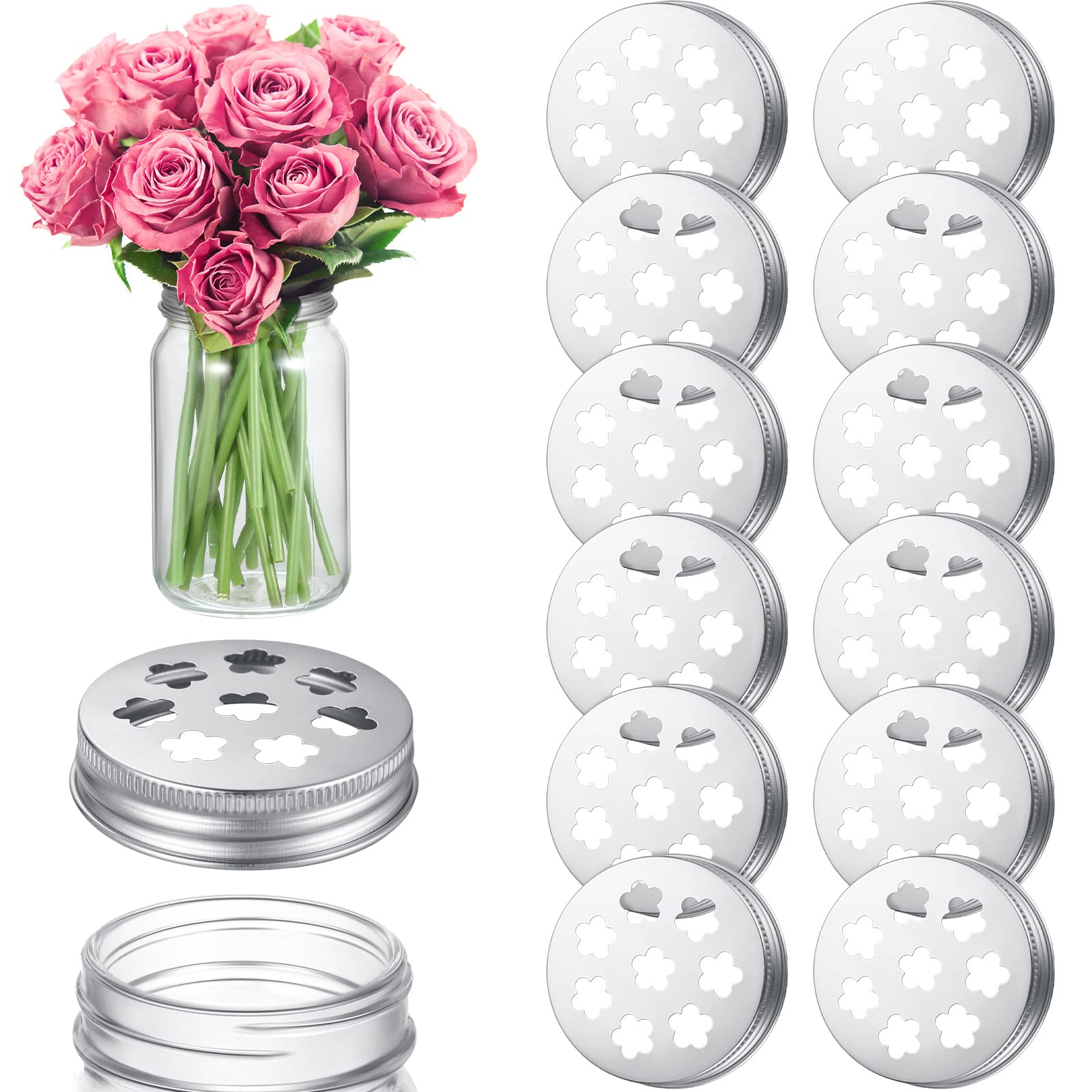 12 Pcs Mason Flower Jar Holder Lid Metal Flower Lid Insert Mason Grid Flower Organizer Lid Insert for Regular Mouth Mason Canning Jars (12 Pcs)