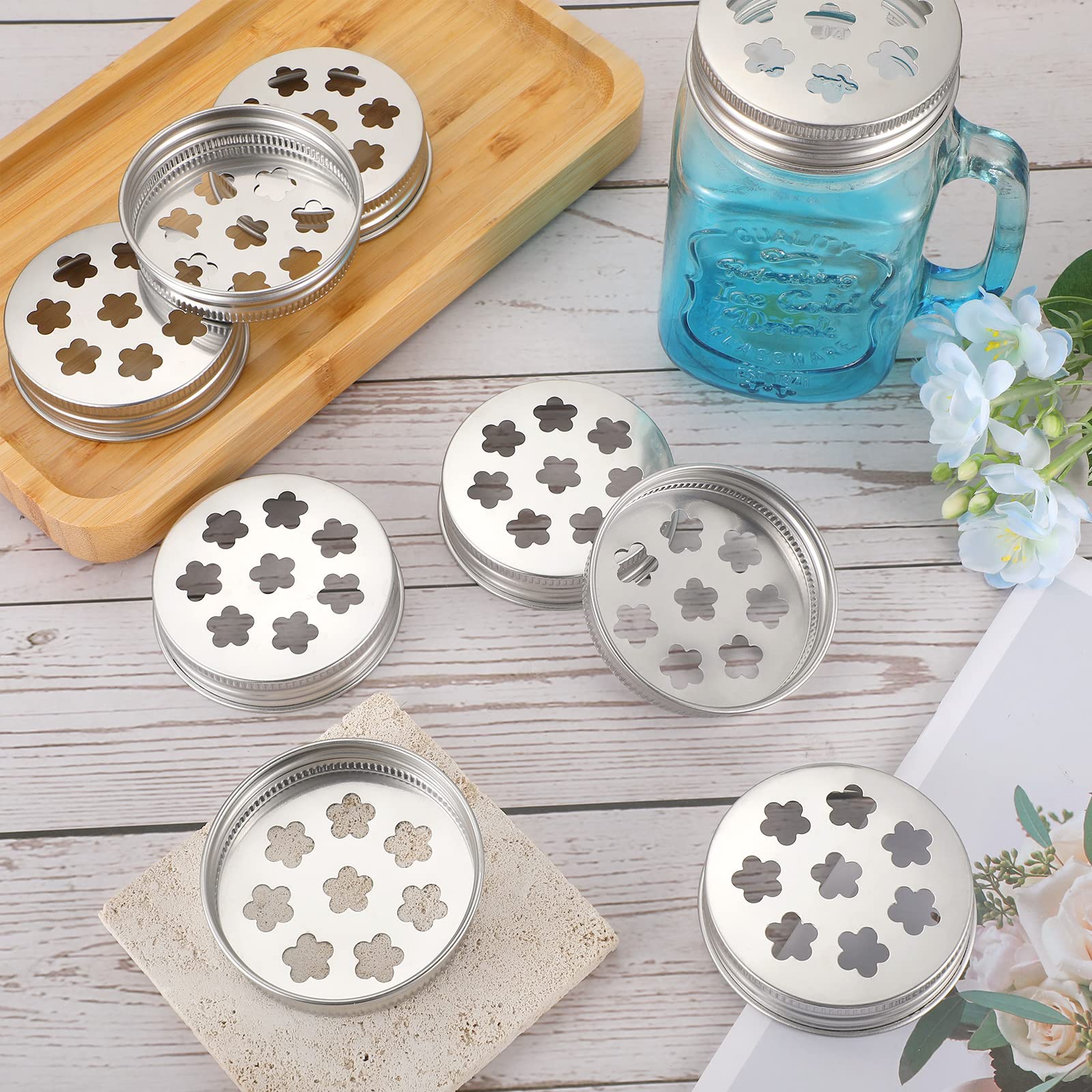 12 Pcs Mason Flower Jar Holder Lid Metal Flower Lid Insert Mason Grid Flower Organizer Lid Insert for Regular Mouth Mason Canning Jars (12 Pcs)