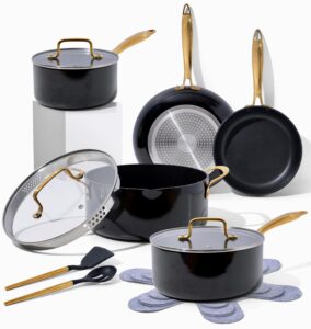 black and gold pots and pans set nonstick - 15pc luxe black pots and pans set non toxic - induction compatible, pfoa free black and gold cookware set & gold kitchen utensils - gold kitchen accessories