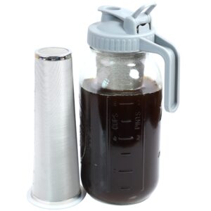 cold brew coffee maker mason jar 2 quart iced coffee pitcher 64oz with filter half gallon glass mason pitcher spout lid with handle for fridge iced coffee tea lemonade fruit drinks container