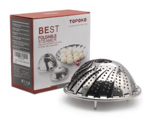 topoko vegetable steamer basket, fits instant pot pressure cooker 5/6 qt and 8 qt, 18/8 stainless steel, folding steamer insert for veggie fish seafood cooking, expandable to fit various size pot