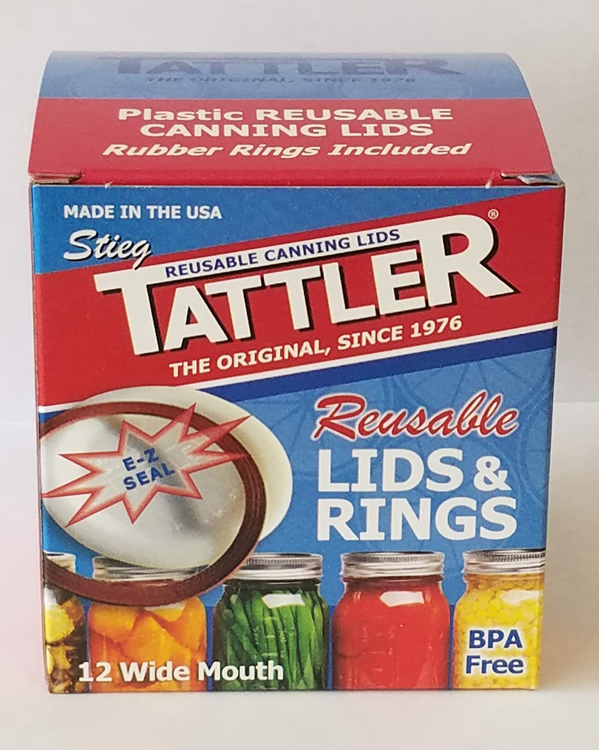Authentic Tattler E-Z Seal Reusable Canning Lids Wide Mouth 12 Dozen (144 Lids & Rings) Plastic Lid/Rubber Ring - MADE IN THE USA!