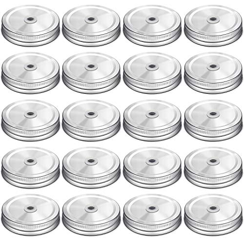 20 Pieces Stainless Steel Regular Mouth Mason Jar Lids with Straw Hole Compatible with Mason Jar (Silver, 2.7 Inch)