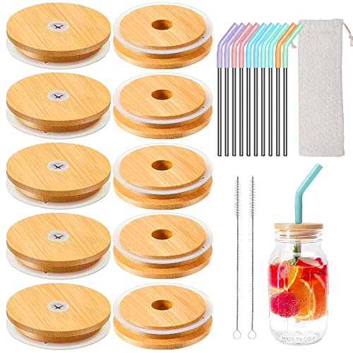 Augosta 10 Pack Bamboo lids for beer can glass, 70 mm Bamboo Mason Jar Lids with Straw Hole Compatible, Free 10 Stainless Steel Straw with Colored silicone plug, 2 Cleaning Brush and Bag for Drinking