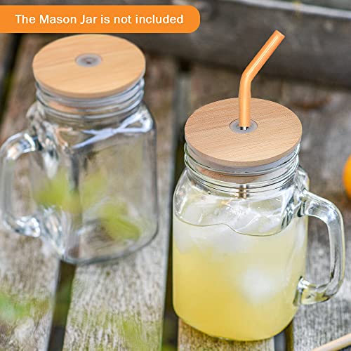 Augosta 10 Pack Bamboo lids for beer can glass, 70 mm Bamboo Mason Jar Lids with Straw Hole Compatible, Free 10 Stainless Steel Straw with Colored silicone plug, 2 Cleaning Brush and Bag for Drinking