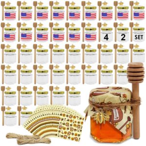 Honey Pot Hexagon Glass Honey Jar 1.5oz 42sets - Honey Jars with Wood Dipper Gold Lid Gold Bee Charm Pendant Decorative Bee Wrapping Paper Jute Hanging Rope - Wedding Favors Baby Shower Party Favors