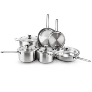 10-piece stainless steel pots and pans set, kitchen cookware sets, induction pots and pans, cooking set with glass lids, frying pans & saucepan compatible with all stovetops