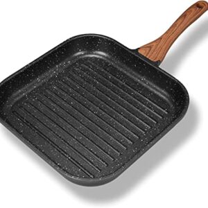 Aoorun Grill Pans for Stove Tops - Nonstick Grill Pan with Granite Coating & Solid Wood Handle, Induction Compatible, 11 inch