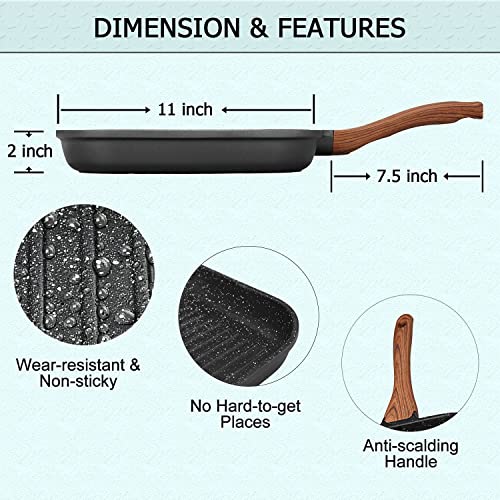 Aoorun Grill Pans for Stove Tops - Nonstick Grill Pan with Granite Coating & Solid Wood Handle, Induction Compatible, 11 inch