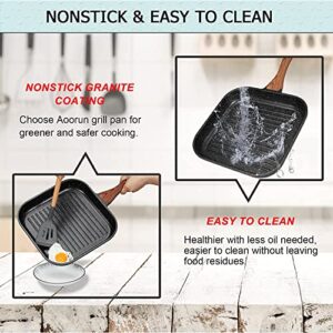 Aoorun Grill Pans for Stove Tops - Nonstick Grill Pan with Granite Coating & Solid Wood Handle, Induction Compatible, 11 inch