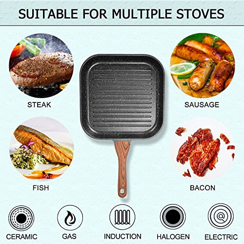 Aoorun Grill Pans for Stove Tops - Nonstick Grill Pan with Granite Coating & Solid Wood Handle, Induction Compatible, 11 inch