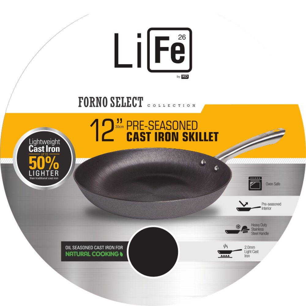 IKO Lightweight Kosher Cast Iron Pan, Heavy Duty Stainless Steel Handle, Vegetable Based Pre-Seasoned Non-Stick Easy to Clean Interior, Safe on All Cooking Surfaces, Oven Safe (12")