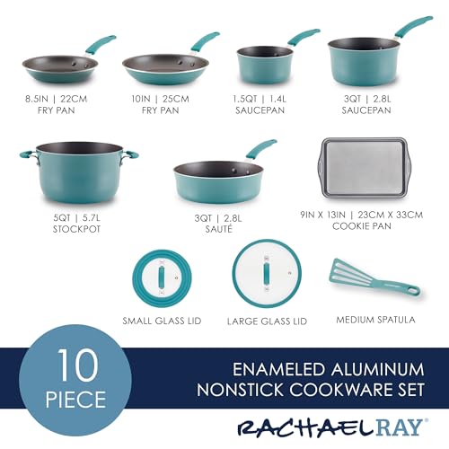 Rachael Ray Cook + Create Nonstick Cookware/Pots and Pan Set, 10 Piece, Agave Blue