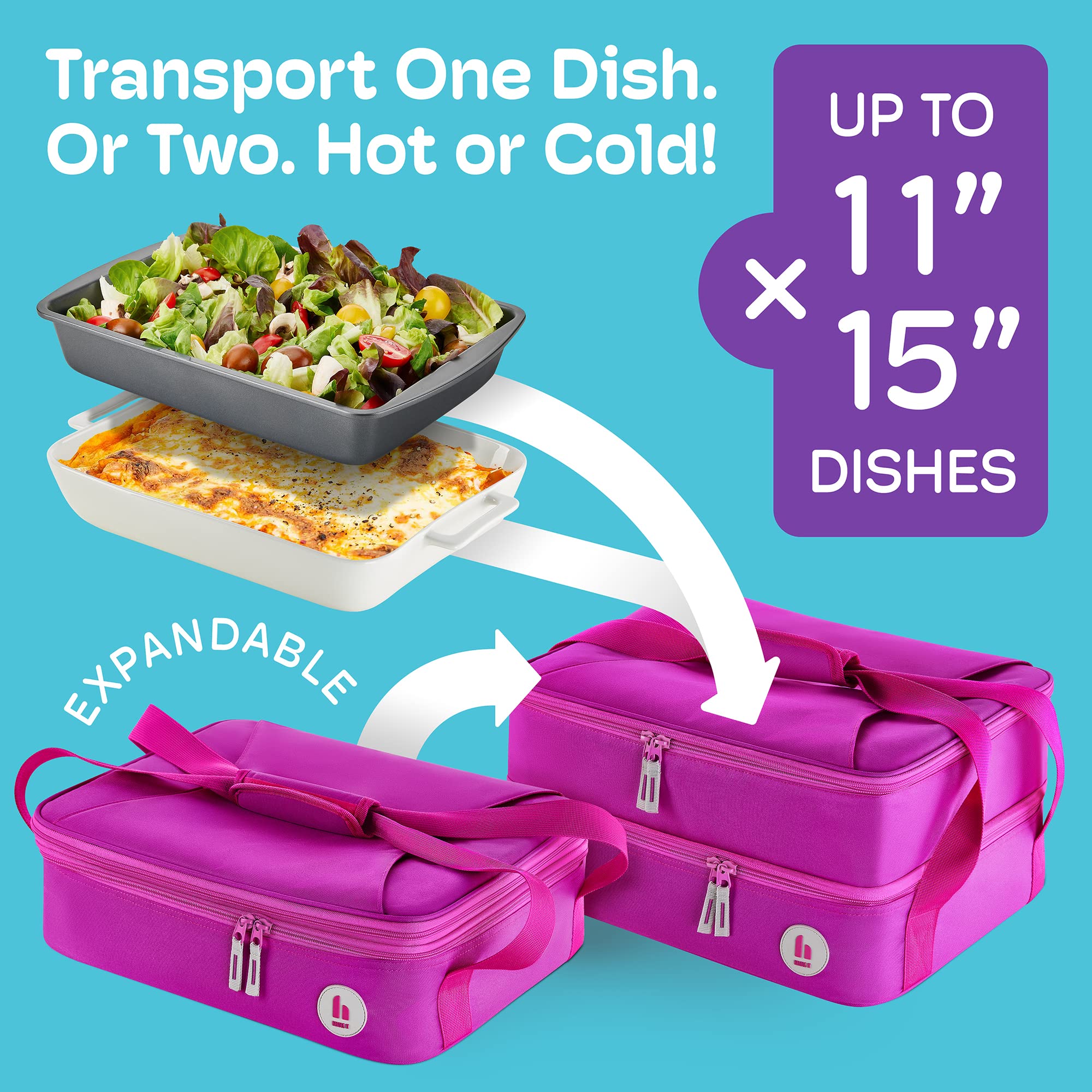 HANDLE IT Casserole Carriers for Hot or Cold Food – Expandable & Insulated Food Carrier with Anti-Wobble Handles & External Pockets – Casserole Carrying Cases, 16.1 x 11.8 x 7.9 In., Blue