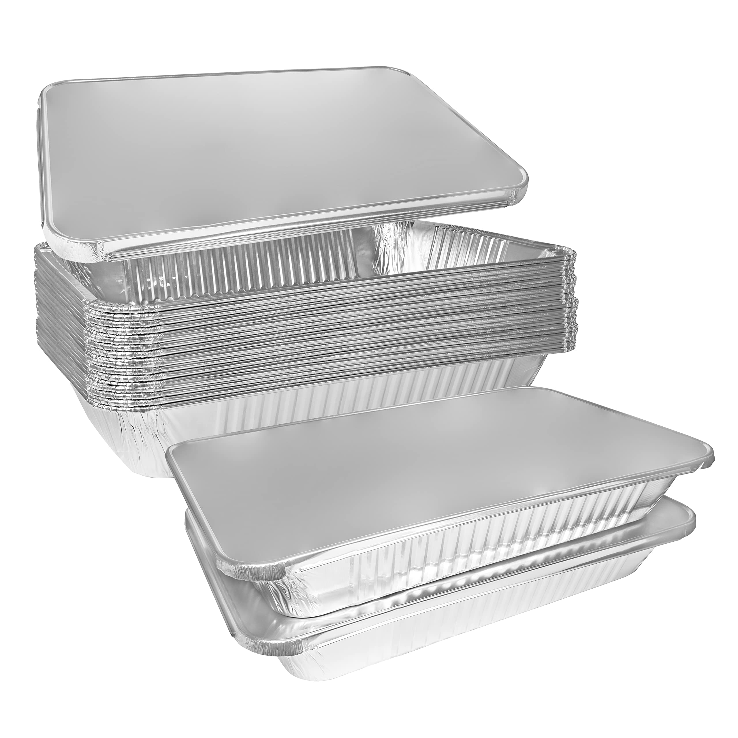 Heavy Duty Full Size Shallow Aluminum Pans with Lids Foil Roasting & Steam Table Pan 21x13 inch - Shallow Chafing Trays for Catering Disposable Large Pans for Baking, Reheating, Grilling (5 PACK)