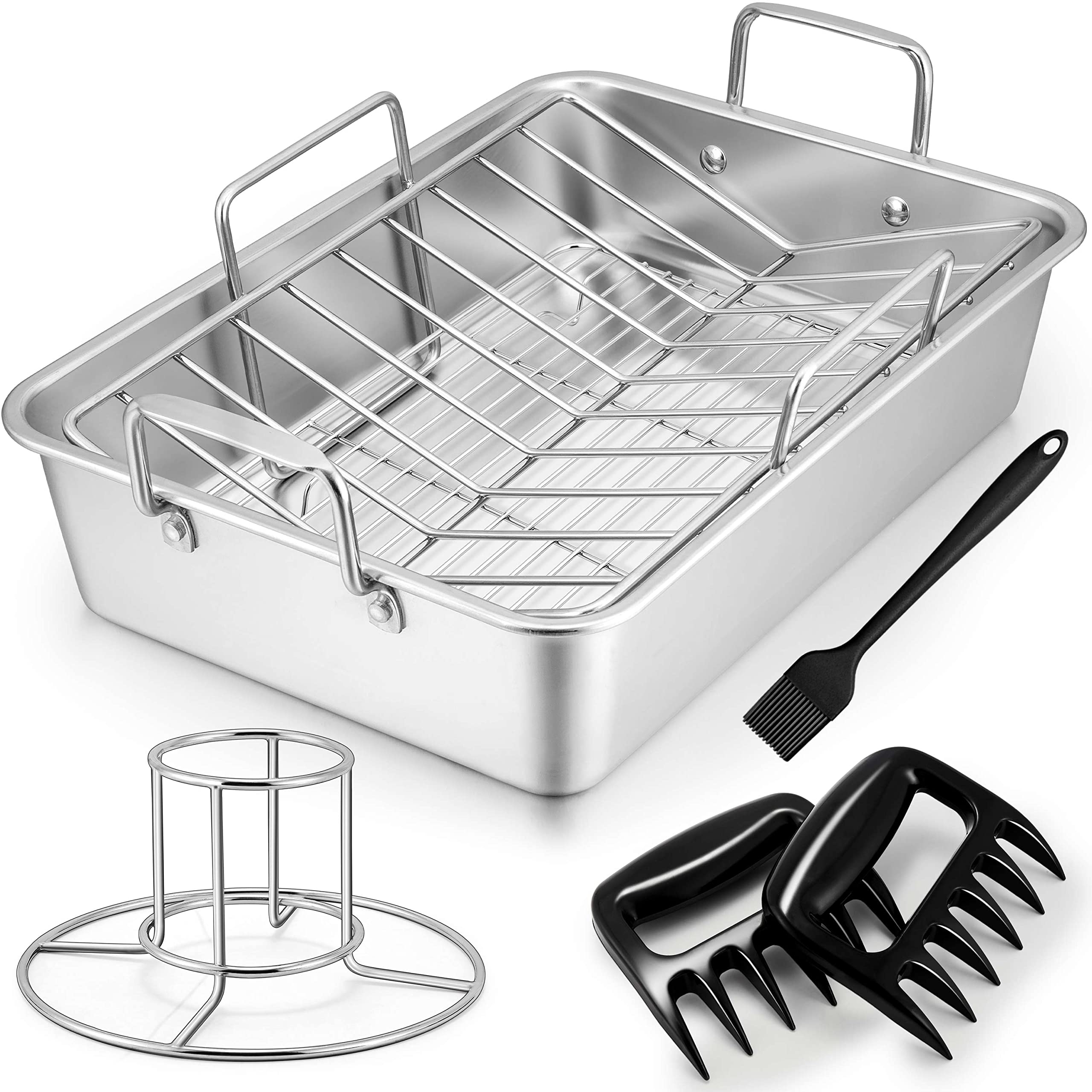 TeamFar Roasting Pan, Stainless Steel Large Turkey Roaster Pan with V Rack & Cooling Rack, Beer Can Chicken Holder & Meat Claws for Shredding & Silicone Brush, Healthy & Dishwasher Safe - 7 Pcs