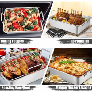 TeamFar Roasting Pan, Stainless Steel Large Turkey Roaster Pan with V Rack & Cooling Rack, Beer Can Chicken Holder & Meat Claws for Shredding & Silicone Brush, Healthy & Dishwasher Safe - 7 Pcs