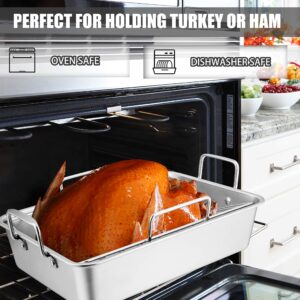 TeamFar Roasting Pan, Stainless Steel Large Turkey Roaster Pan with V Rack & Cooling Rack, Beer Can Chicken Holder & Meat Claws for Shredding & Silicone Brush, Healthy & Dishwasher Safe - 7 Pcs