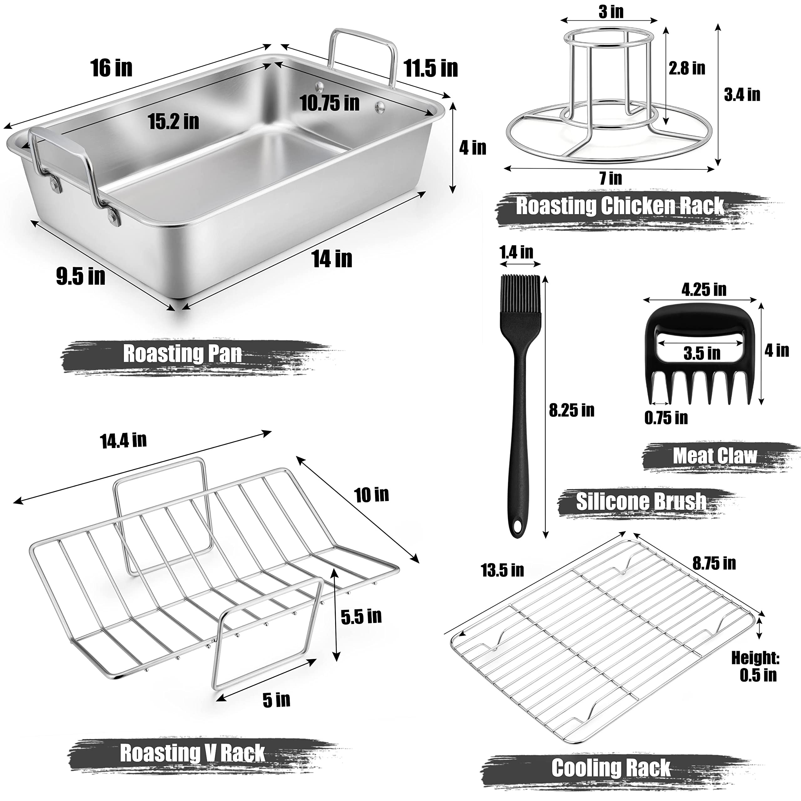 TeamFar Roasting Pan, Stainless Steel Large Turkey Roaster Pan with V Rack & Cooling Rack, Beer Can Chicken Holder & Meat Claws for Shredding & Silicone Brush, Healthy & Dishwasher Safe - 7 Pcs