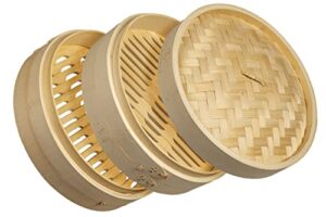 lukara bamboo steamer basket – dumpling steamer bamboo with accessories – bamboo steamer 10 inch with silicone steamer liners, cookbook, chopsticks, sauce ramekins – eco-friendly gift set