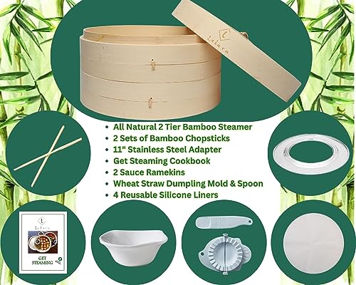 LUKARA Bamboo Steamer Basket – Dumpling Steamer Bamboo with Accessories – Bamboo Steamer 10 Inch with Silicone Steamer Liners, Cookbook, Chopsticks, Sauce Ramekins – Eco-Friendly Gift Set