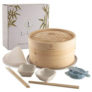 LUKARA Bamboo Steamer Basket – Dumpling Steamer Bamboo with Accessories – Bamboo Steamer 10 Inch with Silicone Steamer Liners, Cookbook, Chopsticks, Sauce Ramekins – Eco-Friendly Gift Set