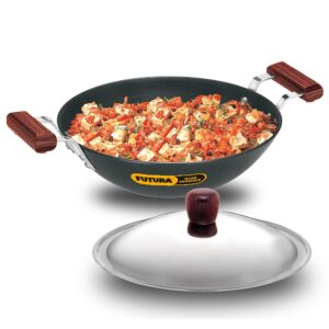 futura induction compatible hard anodized flat bottom deep fry pan / kadhai with stainless steel lid, 3.75 liter