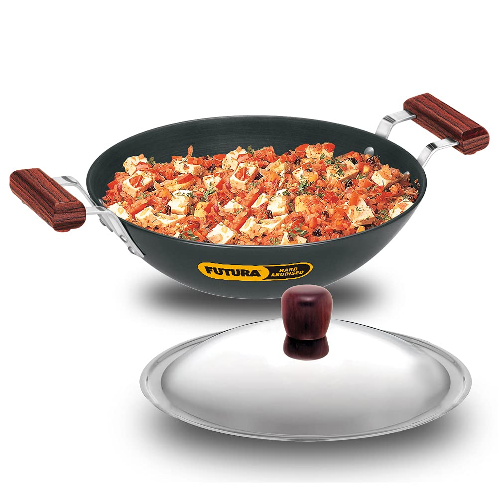 Futura Induction Compatible Hard Anodized Flat Bottom Deep Fry Pan / Kadhai with Stainless Steel Lid, 3.75 Liter