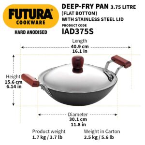 Futura Induction Compatible Hard Anodized Flat Bottom Deep Fry Pan / Kadhai with Stainless Steel Lid, 3.75 Liter