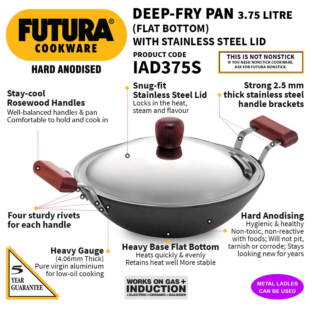 Futura Induction Compatible Hard Anodized Flat Bottom Deep Fry Pan / Kadhai with Stainless Steel Lid, 3.75 Liter