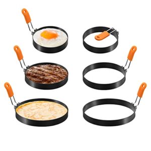 aidulyy 6 pcs stainless steel egg rings + 9 holes multipurpose stainless steel steamed egg rack combo set, egg mold for breakfast, mini pancakes, and fried eggs (4 inch, 6 inch, 8 inch)