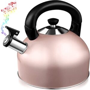 whistling tea kettle teapot - 3.4 quart stainless steel tea kettle for stove tops with 5 layers bottom, tea kettle with folding and heat-insulating handle, available to multiple stoves - rose gold