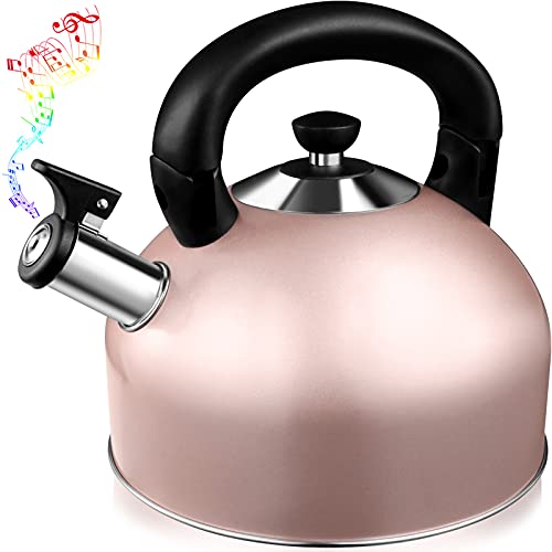 Whistling Tea Kettle Teapot - 3.4 Quart Stainless Steel Tea Kettle for Stove Tops with 5 Layers Bottom, Tea Kettle with Folding and Heat-insulating Handle, Available to Multiple Stoves - Rose Gold