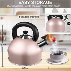 Whistling Tea Kettle Teapot - 3.4 Quart Stainless Steel Tea Kettle for Stove Tops with 5 Layers Bottom, Tea Kettle with Folding and Heat-insulating Handle, Available to Multiple Stoves - Rose Gold