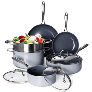 non-stick pots and pans set 13pcs cookware set, steamer basket, stockpot with lid, saucepan with lid, fry pan, saute pan for daily cooking, grey