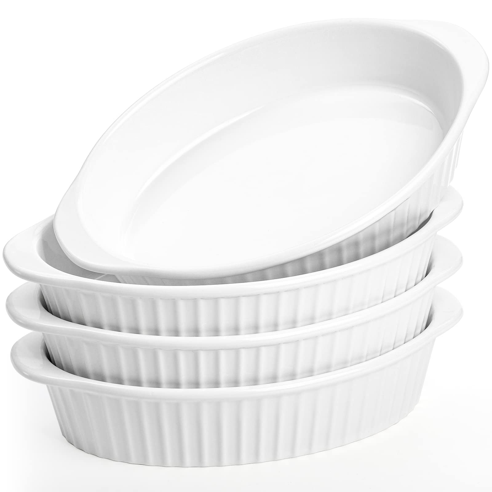 Foraineam 4 Pack 15 oz White Porcelain Oval Baking Dishes, 8.8 x 5.5 x 1.8 Inch Au Gratin Pans Small Table Serving Dish, Lasagna Pan Crème Brulee Bakeware Set with Double Handles, Dishwasher Oven Safe