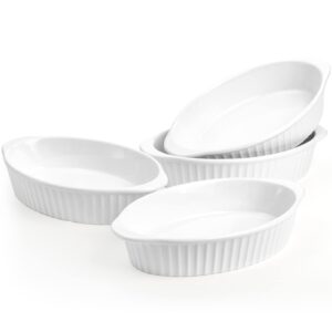 Foraineam 4 Pack 15 oz White Porcelain Oval Baking Dishes, 8.8 x 5.5 x 1.8 Inch Au Gratin Pans Small Table Serving Dish, Lasagna Pan Crème Brulee Bakeware Set with Double Handles, Dishwasher Oven Safe