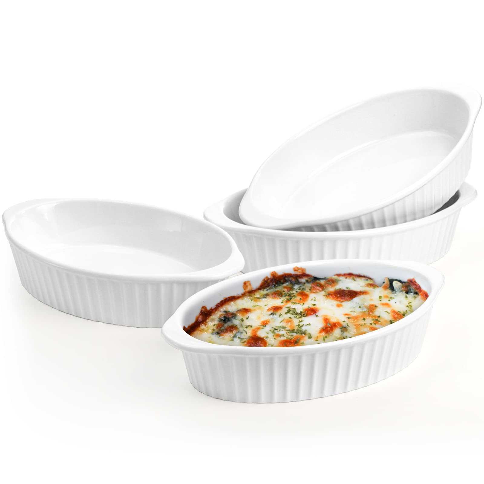 Foraineam 4 Pack 15 oz White Porcelain Oval Baking Dishes, 8.8 x 5.5 x 1.8 Inch Au Gratin Pans Small Table Serving Dish, Lasagna Pan Crème Brulee Bakeware Set with Double Handles, Dishwasher Oven Safe