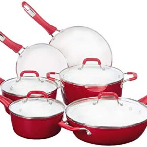 Bialetti Aeternum Ceramic Nonstick Cookware Set, 10 Piece Cookware Set, Red/White