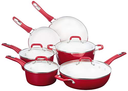 Bialetti Aeternum Ceramic Nonstick Cookware Set, 10 Piece Cookware Set, Red/White