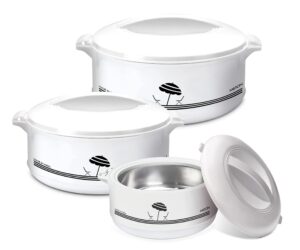 milton treat 1000/1500/2500 insulated inner stainless steel casserole 3 pcs set of 1/1.5/2.5 ltr | bpa free | food grade | easy to carry | easy to store | pack of 3, white