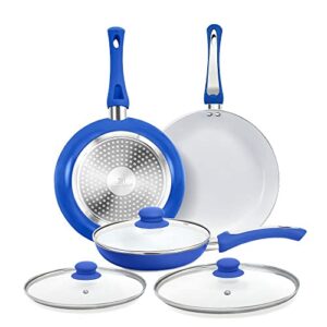 fgy 6 pieces nonstick frying pan set with induction bottom - 8 inch omelet pan, 9.5 inch & 11 fry pans with glass lids - dishwasher safe (blue)