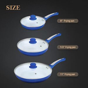 FGY 6 Pieces Nonstick Frying Pan Set with Induction Bottom - 8 inch Omelet Pan, 9.5 inch & 11 Fry Pans with Glass Lids - Dishwasher Safe (Blue)