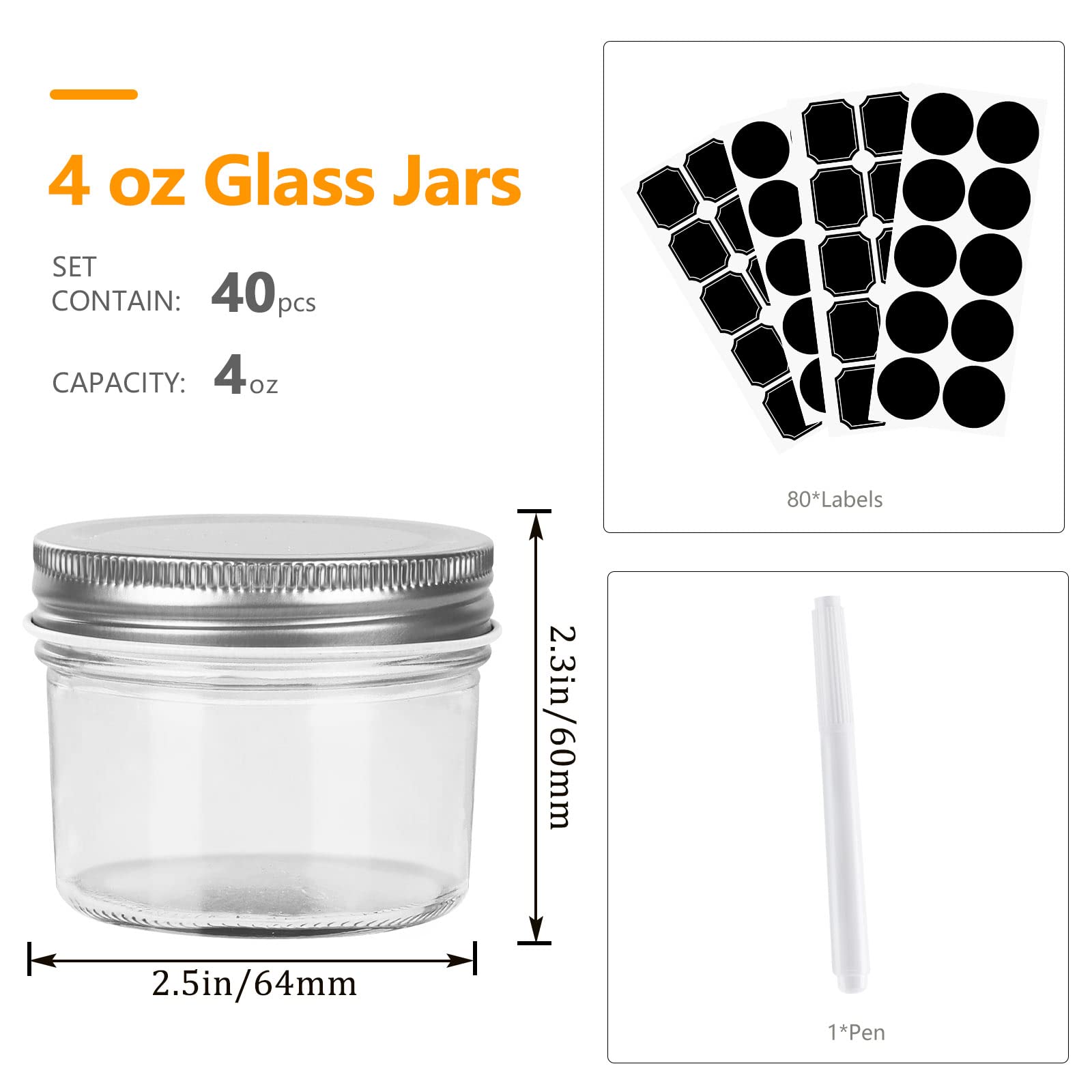 Waymind 4oz Glass Jars With Silver Lids,Mason Jars,Glass Jars with Airtight lids,Ideal for Honey,Jam,Baby Foods,Wedding Favor,DIY Magnetic Spice Jars,Mini Spice Jars for Kitchen,Set of 40