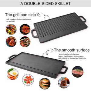 Max K 2-in-1 Cast Iron Grill & Griddle - Pre-Seasoned Reversible Grilling Plate - Oven, Campfire, Double Burner Stove Top Skillet - With Handles, Grease Reservoir - 20"x9" Inch